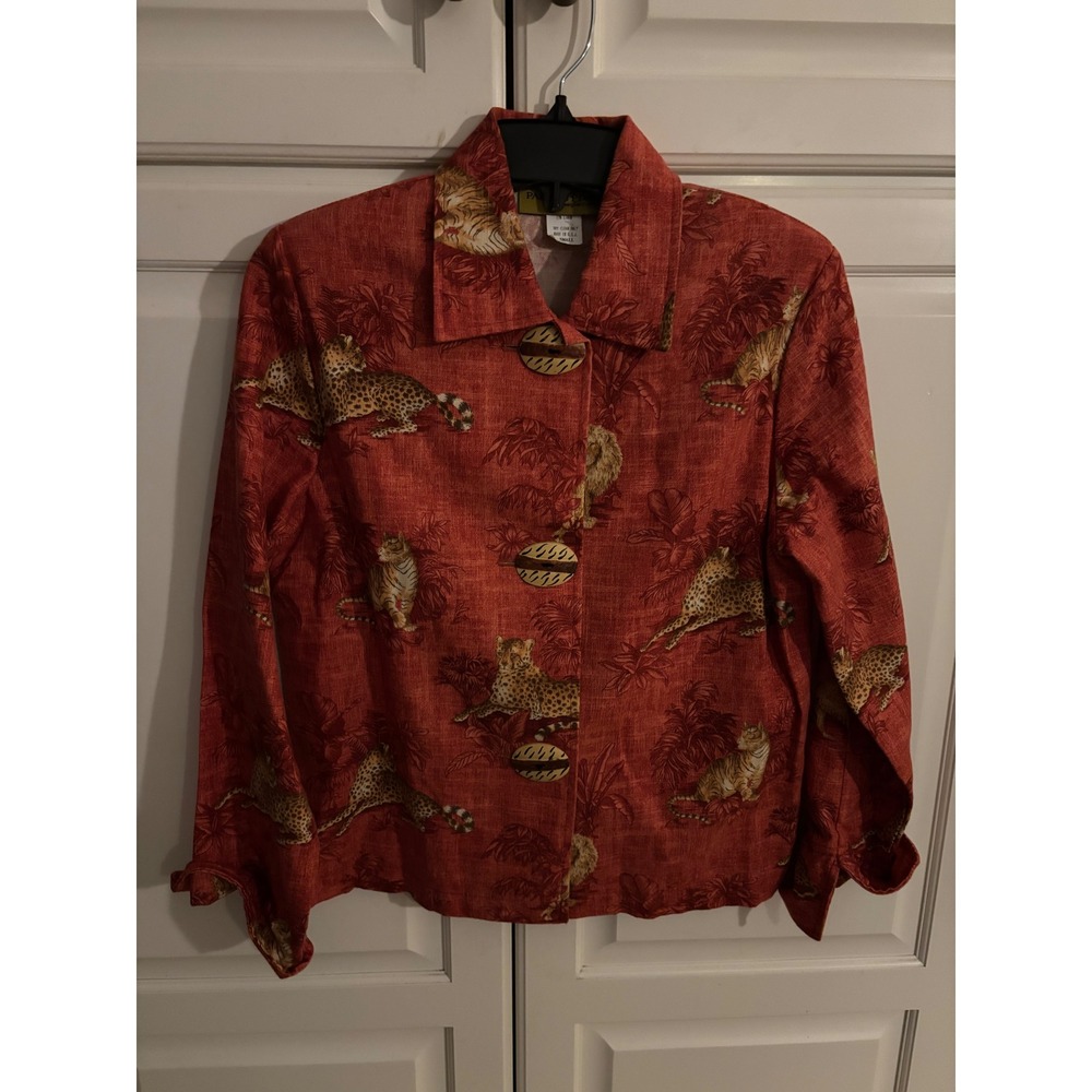Painted Pony Women's Small Red Linen Blend Cheetah Jungle Print Button Up Shirt